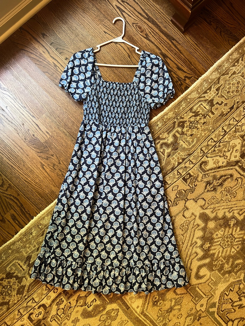 JCrew Factory Smocked Midi Dress with Puff Sleeves, Blue, Petite Small
